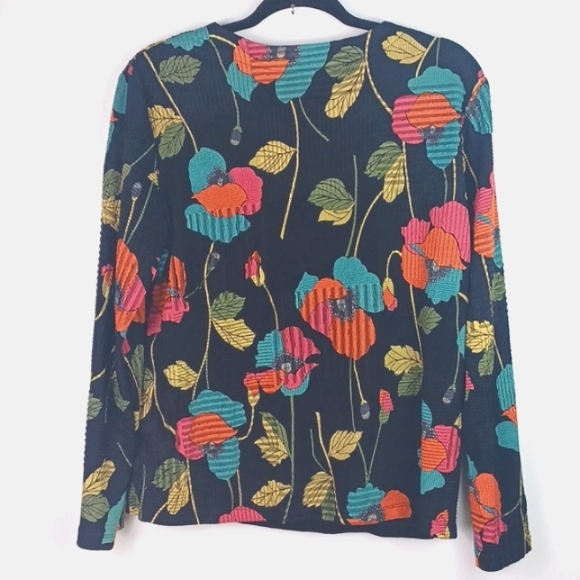 ♥️SOLD♥️MIRASOL BLACK & COLORFULLY FLORAL LONG SLEEVE RIBBED TOP SZ L - Picture 4 of 10
